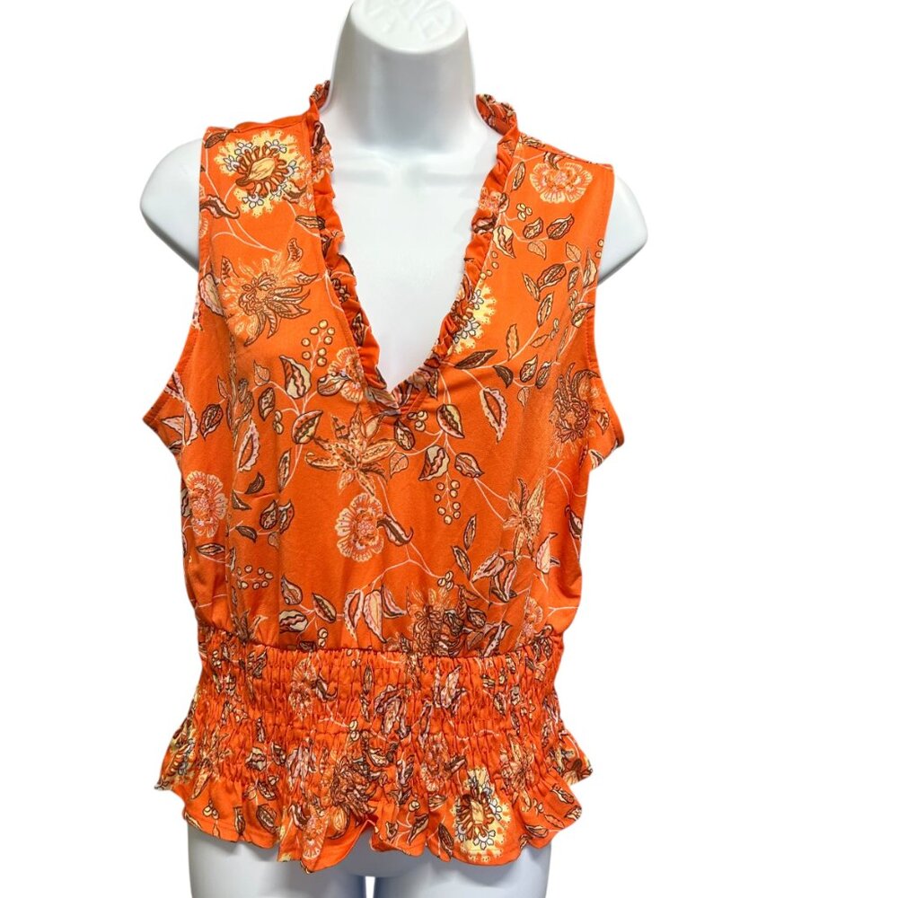 Eclair Orange Floral Smocked Waist Ruffle V-Neck Top - Size M
